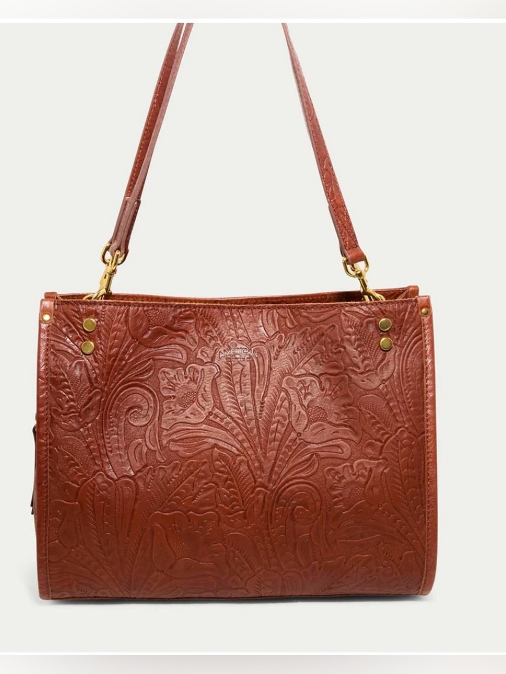 AMERICAN LEATHER CO Brandy Tooled Lenox Triple Entry Leather Tote Shoulder Bag - Picture 4 of 15